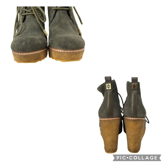 TORY BURCH Vicki Olive Suede Gum Sole Wedge Platform Ankle Booties - Sz 9 - Picture 3 of 15